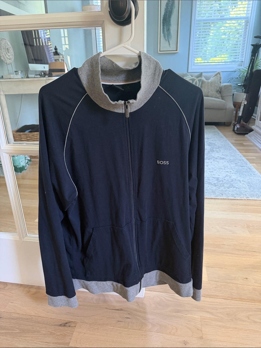 Boss Men's Navy Zip-Up Sweater with Gray Trim